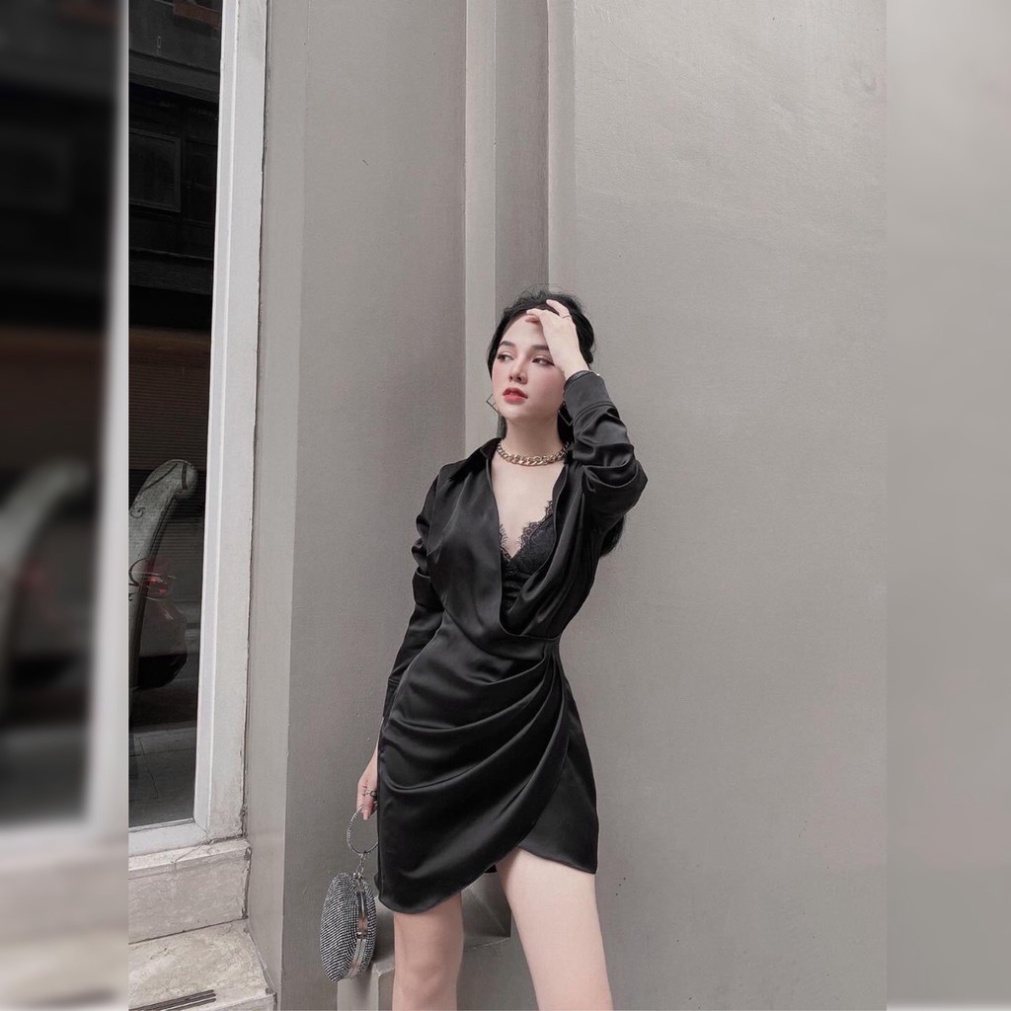 Đầm váy sơmi dự tiệc dáng ôm body tay dài xếp ly eo vạt chéo sexy sang trọng màu trắng đen satin lụa cao cấp có bigsize