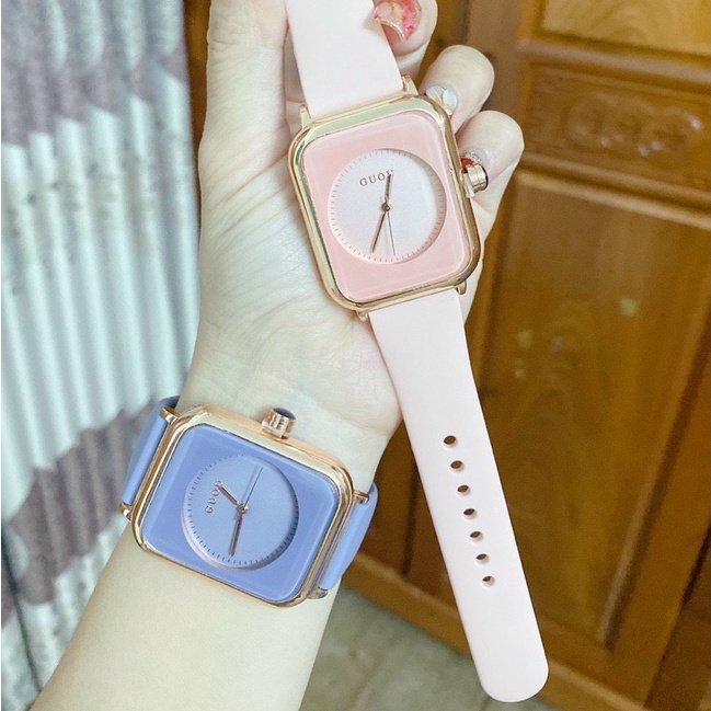 Đồng hồ nữ mặt vuông apple watch chính hãng GUOU dây cao su silicon chống nước viền vàng | BigBuy360 - bigbuy360.vn