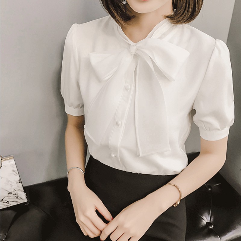 Áo sơ mi trắng nữ Chunxuu thắt nơ tay ngắn thời trang chất vải đẹp - SP01