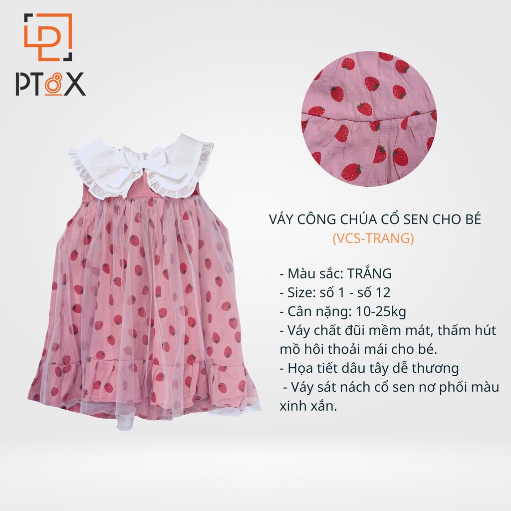 Váy Công Chúa Cổ Sen Dáng Babydoll Cho Bé Chất Đũi Họa Tiết Dâu Tây Dễ Thương 10-25kg PT8X