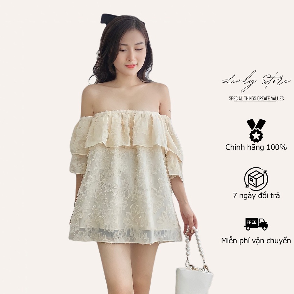 Áo kiểu nữ trễ vai tay bồng hoa nổi Linly Store A-TVR4