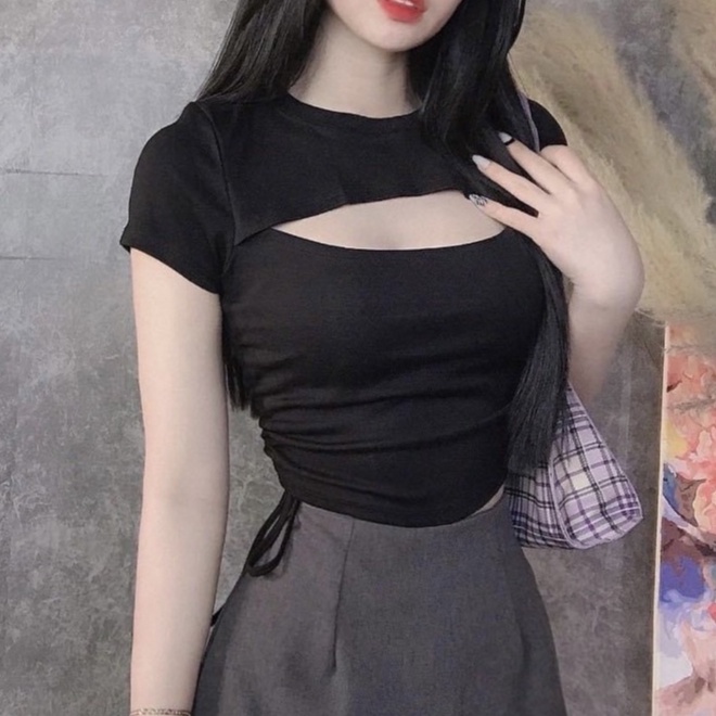 Áo Thun Kiểu Nữ Dáng Croptop Khoét Ngực Tay Ngắn Rút Dây Eo