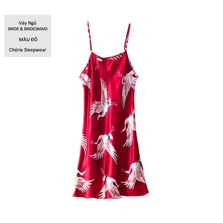 Váy ngủ Đầm ngủ hoạ tiết flamingo hồng hạc lụa satin loại dày dặn dễ thương đồ mặc ở nhà cổ ngang