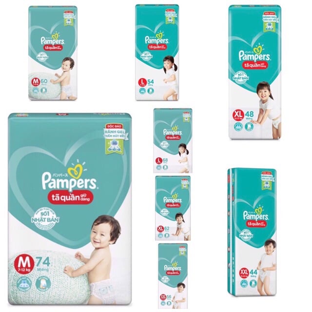 (Mẫu mới) Bỉm pamper quần m60/l54/xl48/m74/l68/xl62/xxl56