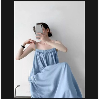 Đầm dây đũi lụa xanh min dáng maxi