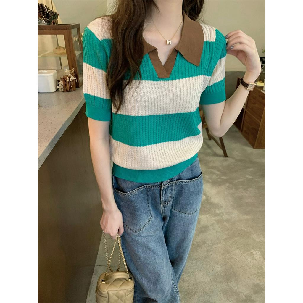 ZHELIHANGFEI Áo Thun Ngắn Tay Cổ Chữ v Form Rộng Họa Tiết Kẻ Sọc Màu Sắc Tương Phản Phong Cách Hàn Quốc