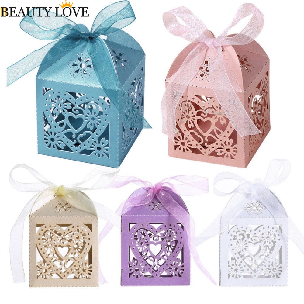 Set 10 Hộp Giấy Đựng Kẹo Hình Trái Tim Rỗng Có Dây Ruy Băng Trang Trí Tiệc Cưới