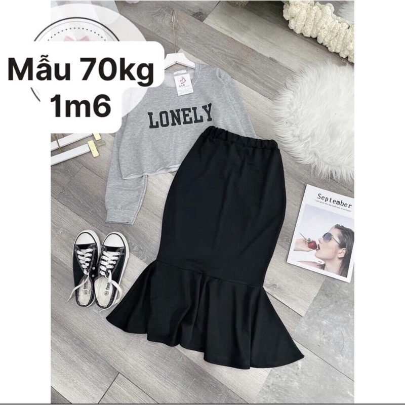 Set bộ LONELY áo croptop dài tay mix chân váy đuôi cá dáng dài xòe