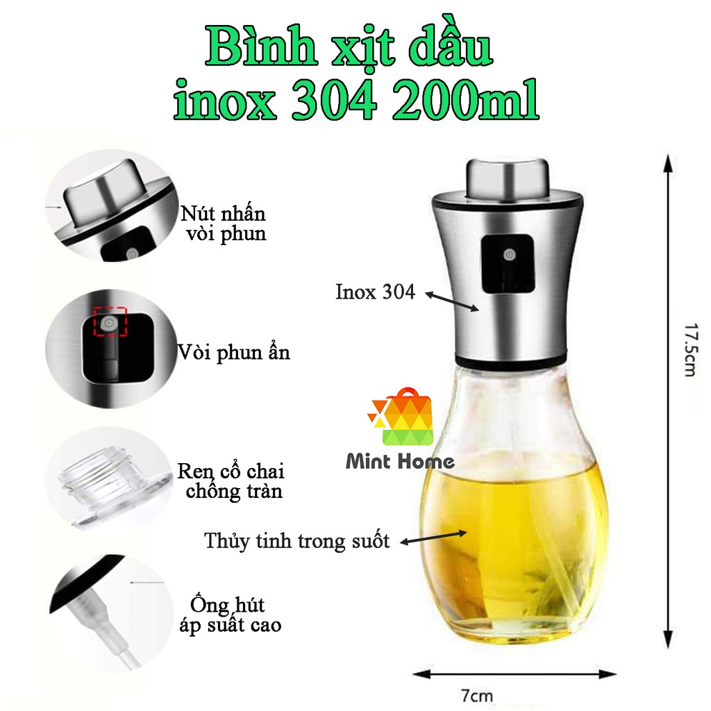 Bình xịt dầu ăn kiêng, olive, nước, đựng dấm táo, gia vị phun sương chai thủy tinh nắp inox phụ kiện nồi chiên không dầu