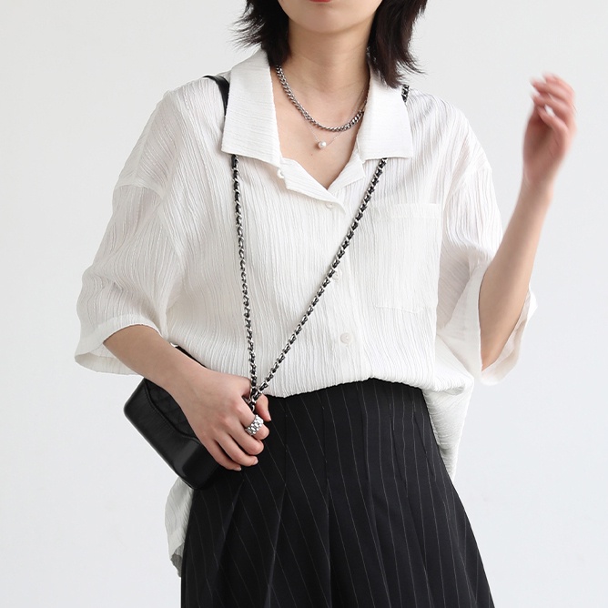 SUXI Áo Sơ Mi Ngắn Tay Dáng Rộng Màu Sắc Đơn Giản Dành Cho Nữ