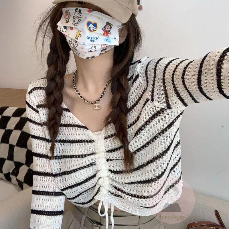 Áo Dệt Kim Tay Dài Cổ Chữ V Họa Tiết Kẻ Sọc Thiết Kế Dây Rút Thời Trang Mùa Hè Xinh Xắn Cho Nữ