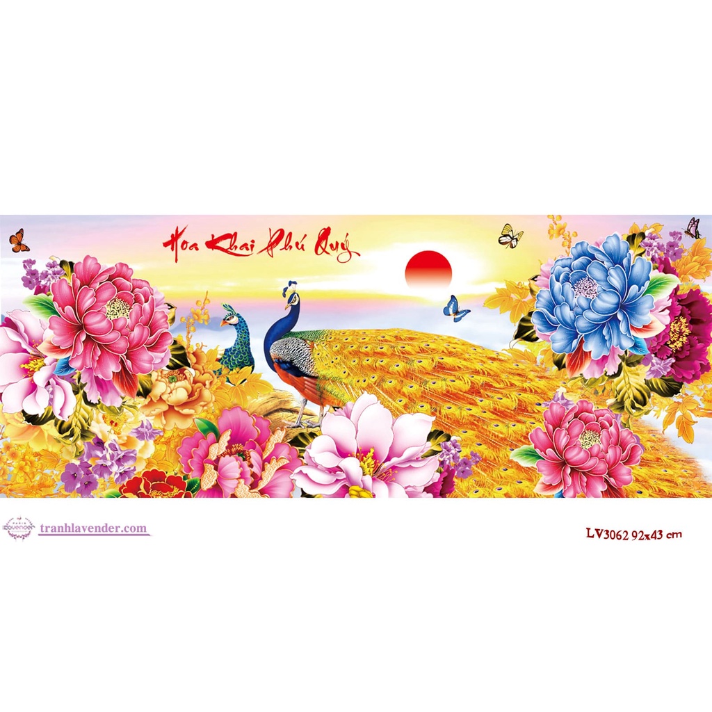 Tranh thêu chữ thập hoa khai phú quý KT:93x43cm, tranh chưa thêu và chưa khung. Tặng kéo và sỏ chỉ.