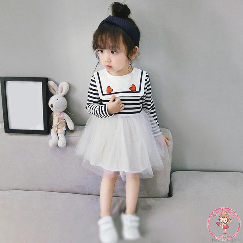 KIDS Đầm xòe tay dài kẻ sọc phối lưới đáng yêu cho bé gái