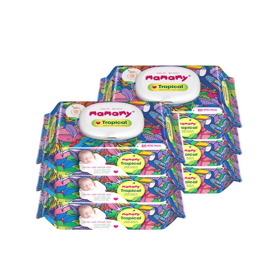 Khăn ướt Mamamy Tropical chính hãng mẫu mới 100% sợi tự nhiên ( Mẫu không mùi và Hoa cúc vạn thọ )