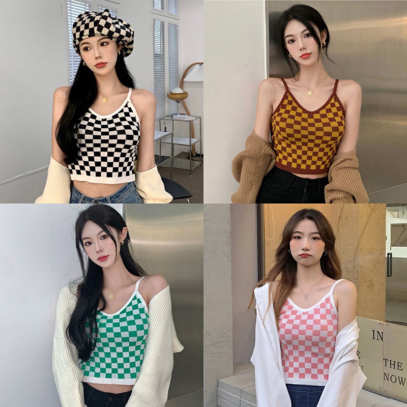 Áo Sơ Mi Dệt Kim Không Tay Cổ Chữ V Dáng Ôm Hoa Văn Kẻ Ô Thời Trang Dành Cho Nữ