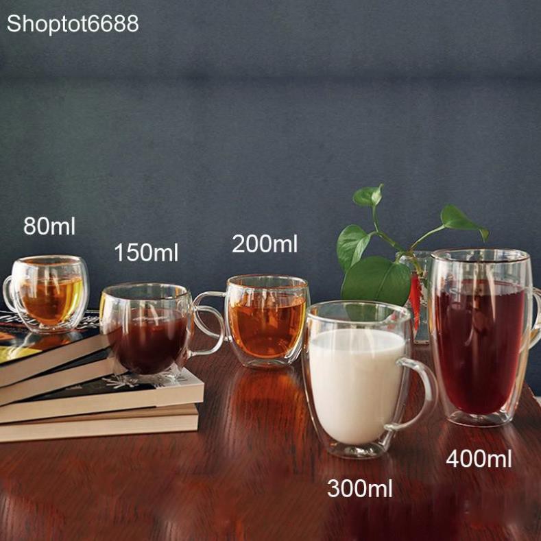 CỐC (LY) THỦY TINH 2 LỚP GIỮ NHIỆT UỐNG TRÀ VÀ CAFÉ, CÓ TAY CẦM 400ML; 300ml; 200ml; 150ml; 80ml (Kho hàng Hà Nội)