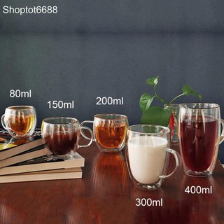cốc ly thủy tinh 2 lớp giữ nhiệt dùng uống trà và café, có tay cầm 400ml; 300ml; 200ml; 150ml; 80ml