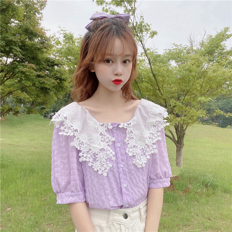 Women Blouse Lace Patchwork Doll Collar Bubble Short Sleeve Solid Fashion Blouse Slim Sweet Loose Korean Blouse Tops
