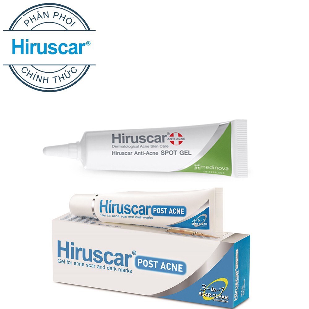 Hiruscar làm mờ sẹo - Combo Gel mờ sẹo,thâm mụn Hiruscar Post Acne 5g và Gel xử lý mụn Hiruscar Anti Acne Spot Gel 10g