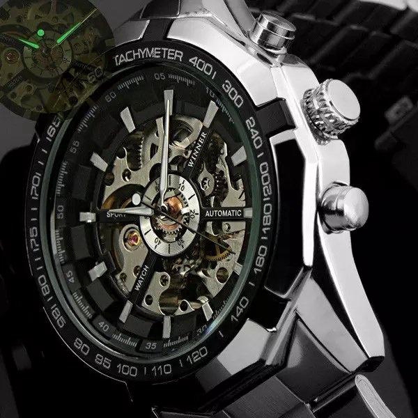 WINNER Men Skeleton Automatic Mechanical Stainless Steel Band Sport Wrist Watch