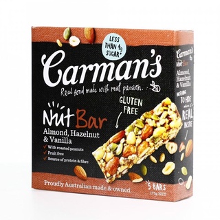 Thanh ngũ cốc không Gluten hạt & trái cây khô cao cấp Hạnh Nhân, Hạt Dẽ và Vani Carmans 175g