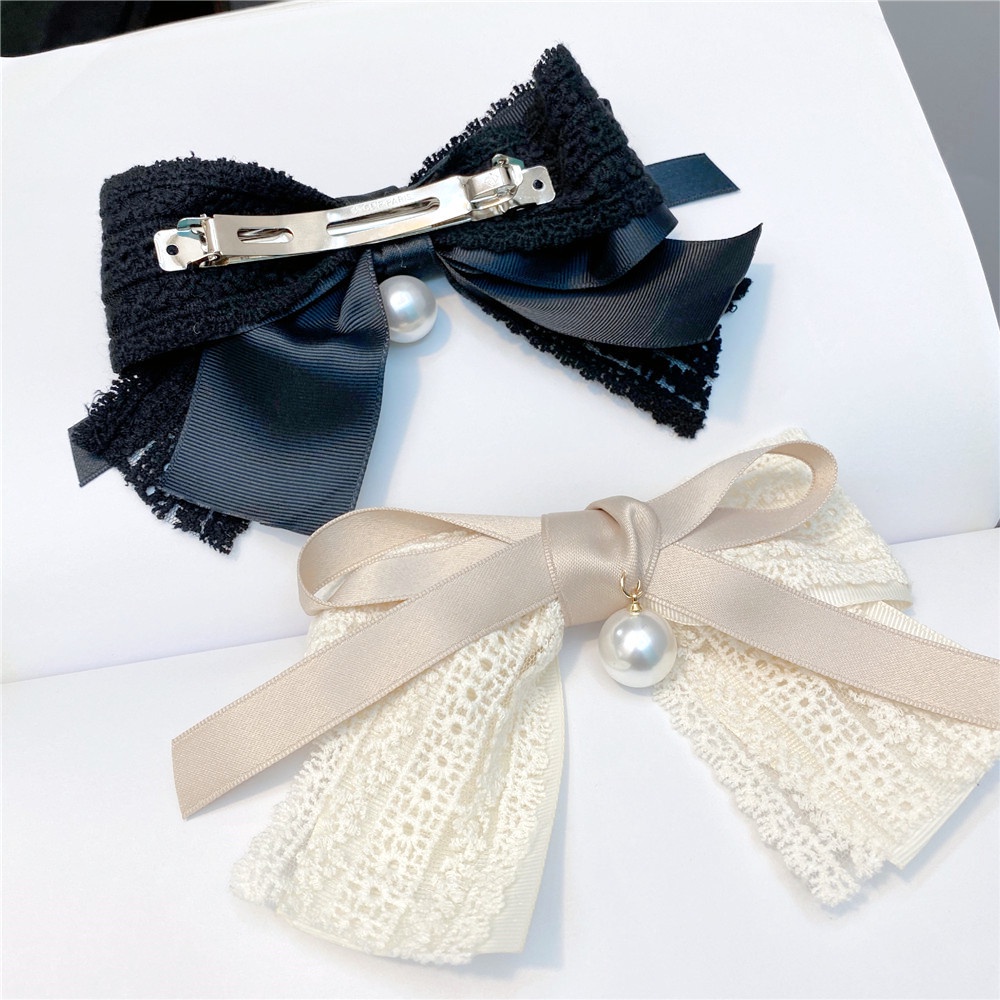 Kẹp Tóc Nơ Ren Nhiều Lớp Đính Ngọc Trai Giả Thời Trang Cho Nữ