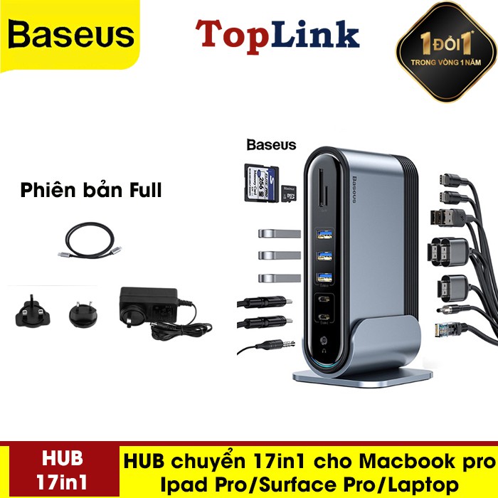 Bộ Chia Hub Đa Năng 17 Cổng Baseus 17 In 1 USB / Type-C / Jack 3.5mm / Khe Cắm Thẻ Nhớ SD/TF 3 Màn Hình Hiển Thị