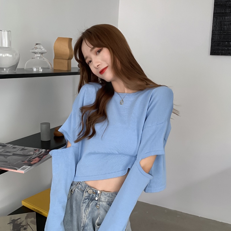 【ZHELIHANGFEI】Áo Len Tay Dài Form Rộng Lưng Cao Theo Phong Cách Preppy Dễ Phối Đồ