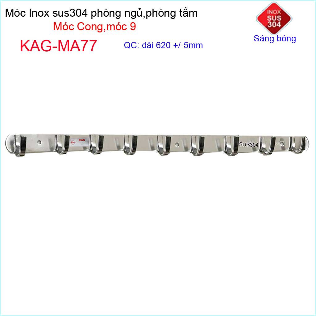 Móc cong treo quần áo inox 304 cao cấp dày, móc Kace 9 móc treo đồ nhà tắm KAG-MA77