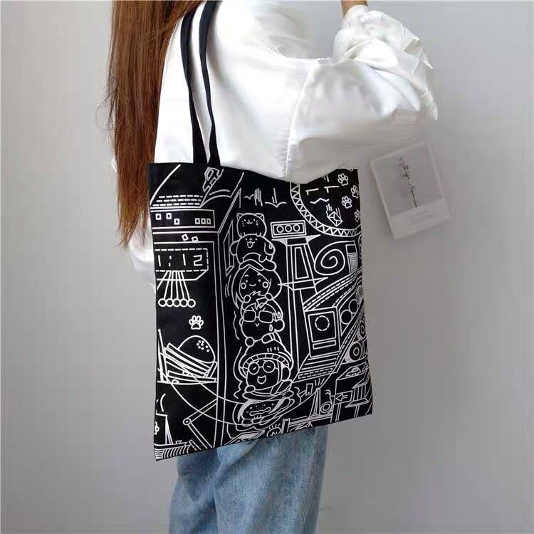 Túi tote vải bố đựng đồ canvas đi học đi làm đi chơi tiện dụng in hình hoa văn trắng hoa văn đen