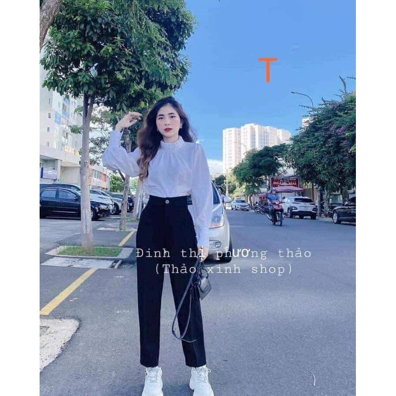 áo sơ mi trắng cổ bèo cao 3cm tay bồng dài tay, áo sơ mi dài tay cổ tàu