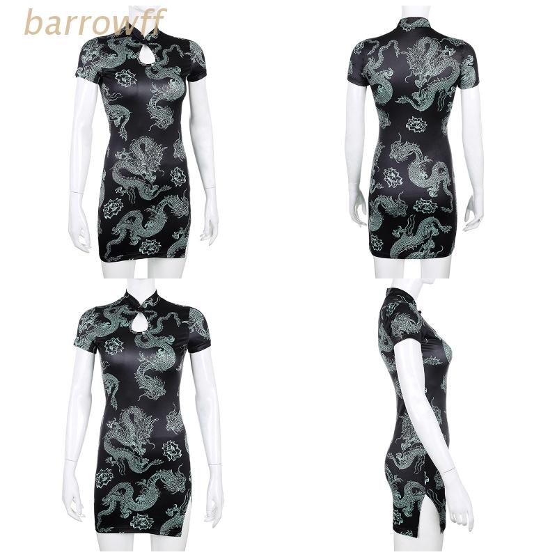 Brroa Đầm Sườn Xám Ngắn Tay Xẻ Tà Cổ Đứng Xẻ Tà In Hình Rồng Phong Cách Trung Hoa Cổ Điển Cho Nữ