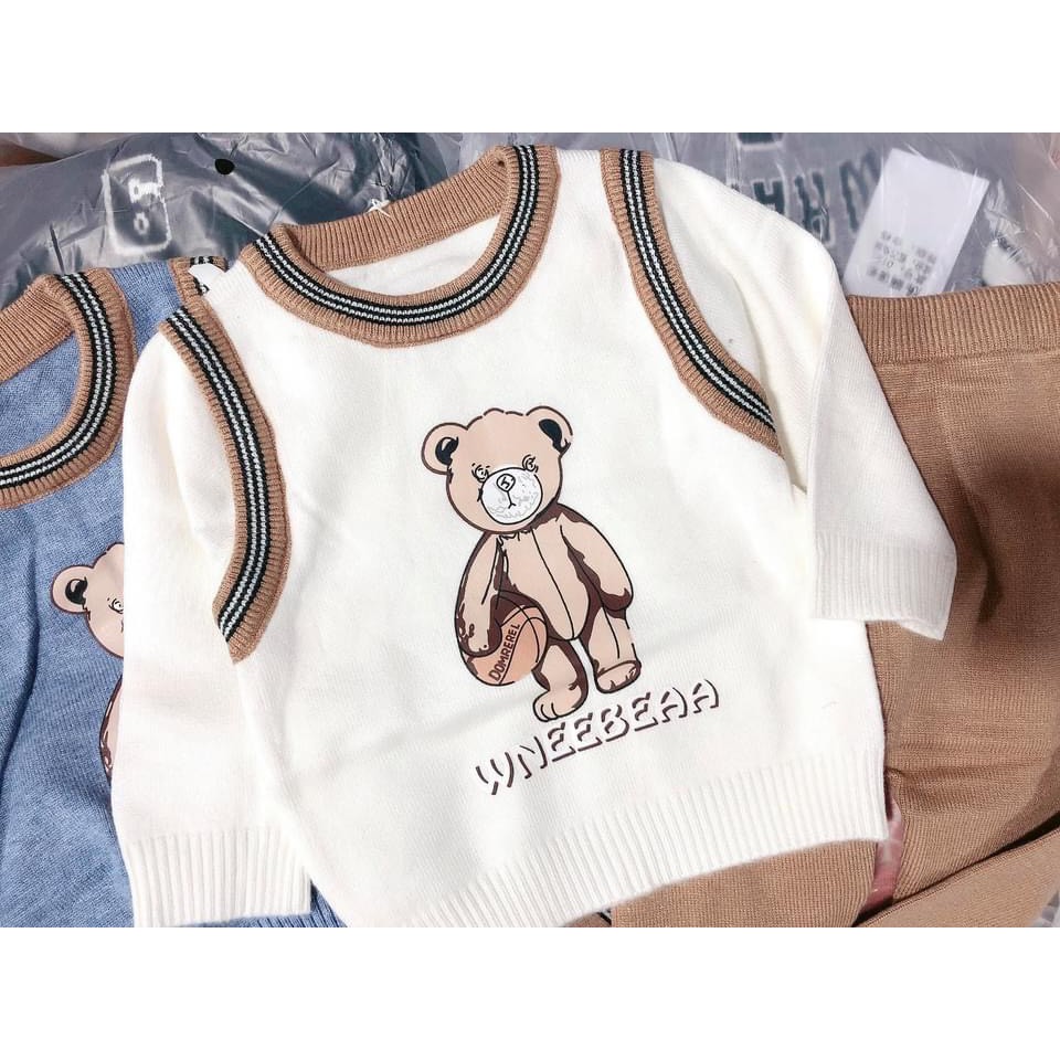 Bộ len cho bé từ 0-3 tuổi, chất len cao cấp mềm mịn, kiểu gile họa tiết gấu xinh xắn cho bé trai - HK KIDS (mã 0204)