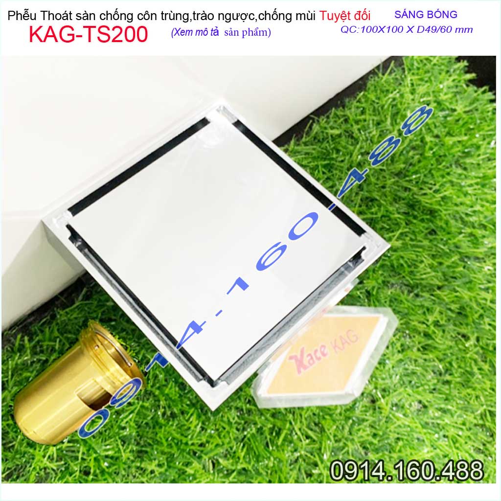 Thoát sàn chống hôi KAG-TS200 10x10cm đế đầu đạn,  phễu thu nước mặt inox kín chống côn trùng thoát nhanh sử dụng tốt