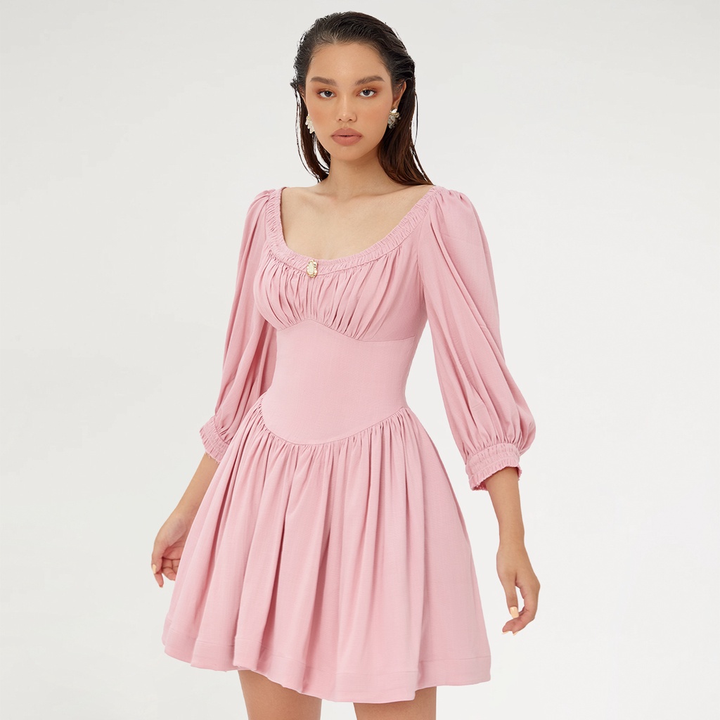 DEAR JOSÉ - Đầm xòe ngắn tay lửng phồng Sentosa vải linen hồng rosy