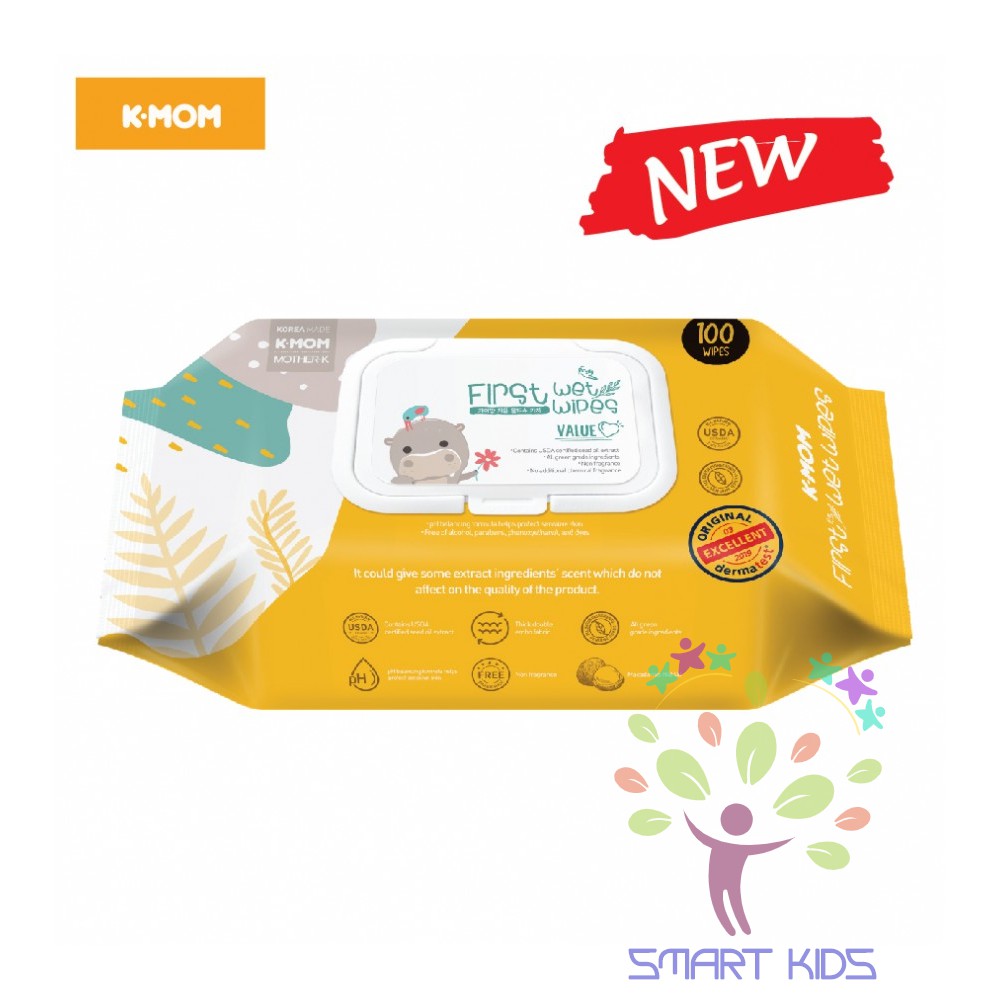 KHĂN ƯỚT CAO CẤP K-MOM FIRST WET WIPES VÂN NỔI CÓ NẮP (100C) HÀN QUỐC