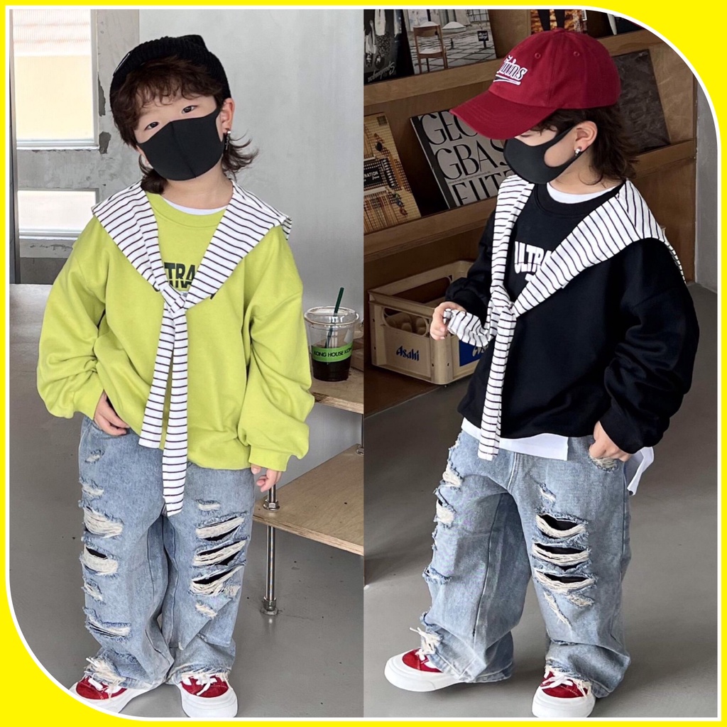 A176- Áo nỉ bé trai kèm khăn size 90 -140, quần áo trẻ em thu đông phong cách hàn quốc