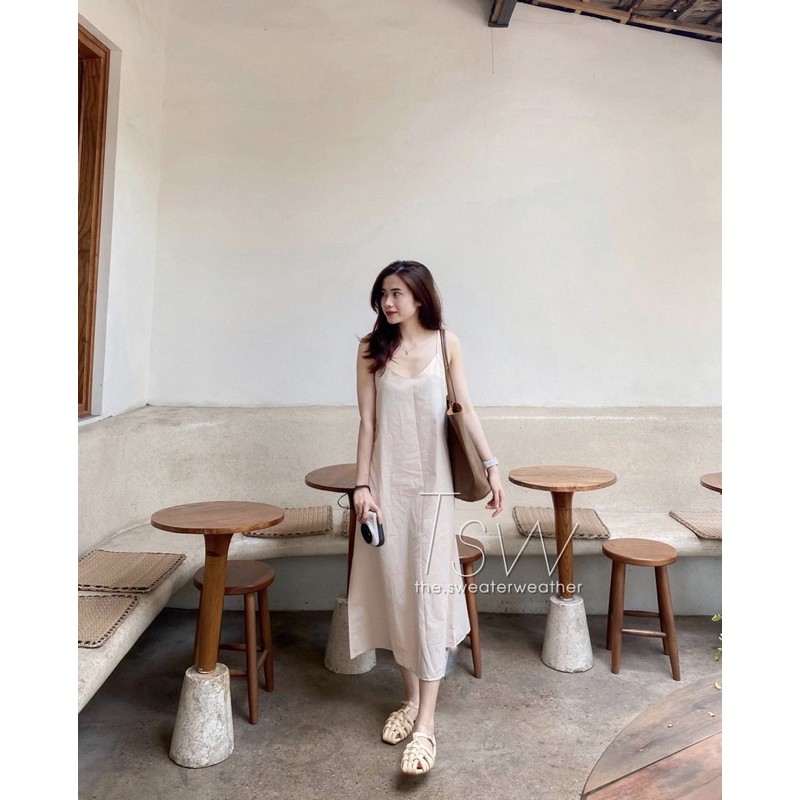 Váy hai dây đũi trơn hai màu be đen - Váy hai dây đũi mát | BigBuy360 - bigbuy360.vn