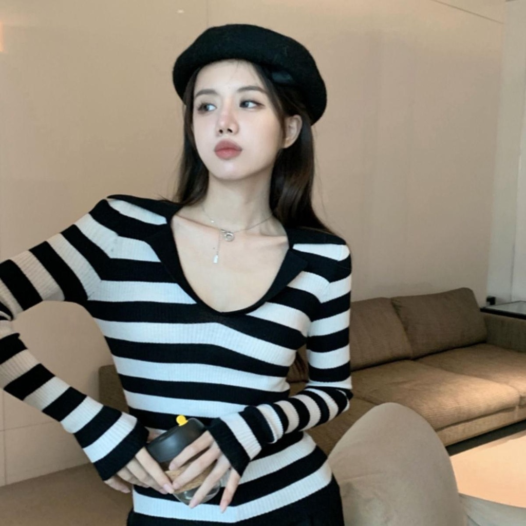 Áo kiểu ZHELIHANGFEI dệt kim tay dài cổ polo bẻ họa tiết kẻ sọc thời trang trẻ trung dành cho nữ