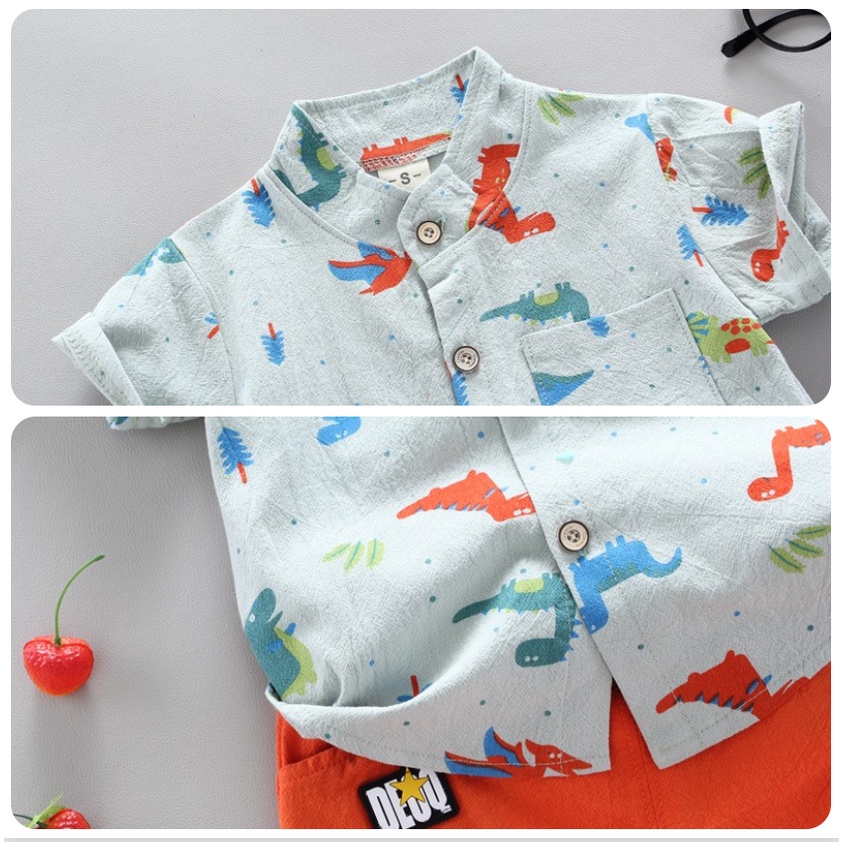 Áo sơ mi tay ngắn cổ đứng hình khủng long và quần ngắn BABEPROUD thời trang mùa hè cho bé trai 1 - 6 tuổi