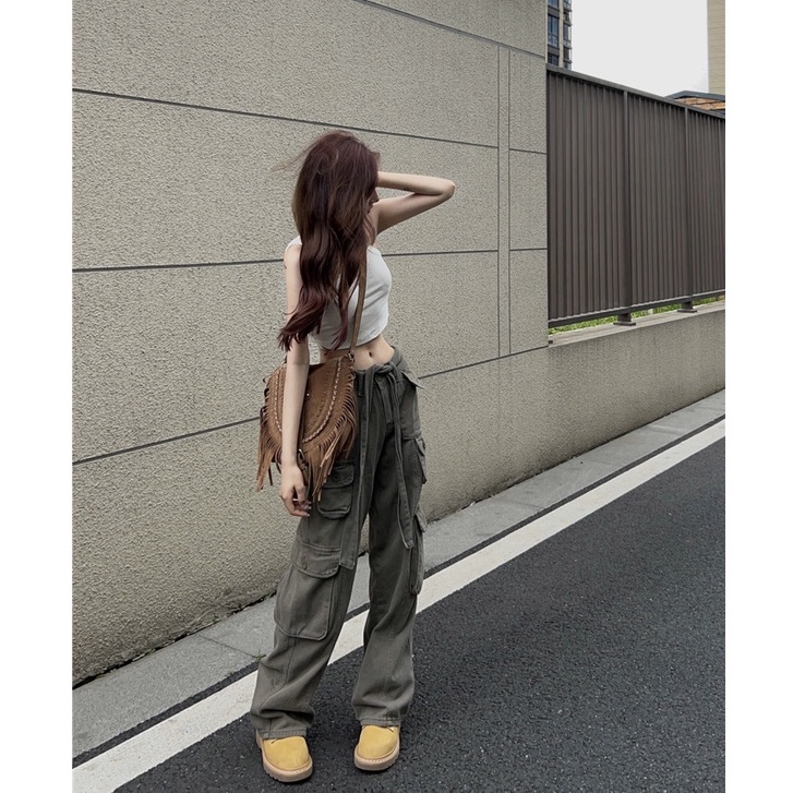 Quần ống rộng Lưng Cao Phong Cách retro Mỹ Cho Nữ