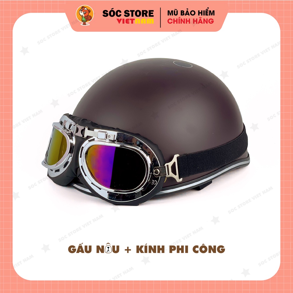 Mũ bảo hiểm nửa đầu 1/2 Gấu Brown Sóc Store nhiều màu kèm kính phi công, kính UV