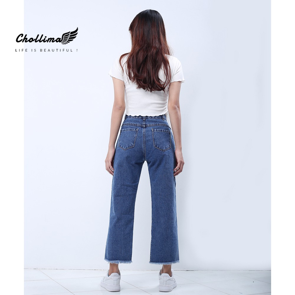 Quần baggy jeans nữ Chollima ống rộng tua lai rách màu xanh jean QD028 | BigBuy360 - bigbuy360.vn