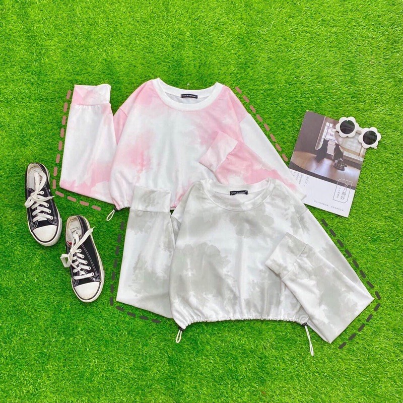 Áo Croptop Dây Rút Loang Tay Dài Ảnh Thật