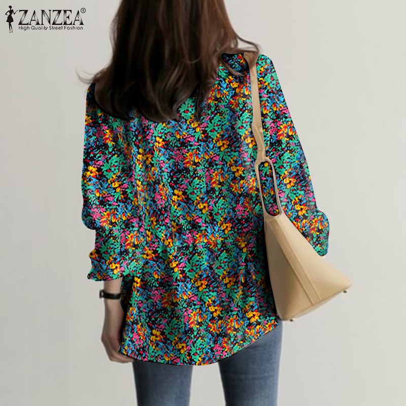 Áo ZANZEA tay dài in họa tiết thiết kế eo dây rút cổ tay thun thời trang thường ngày cho nữ