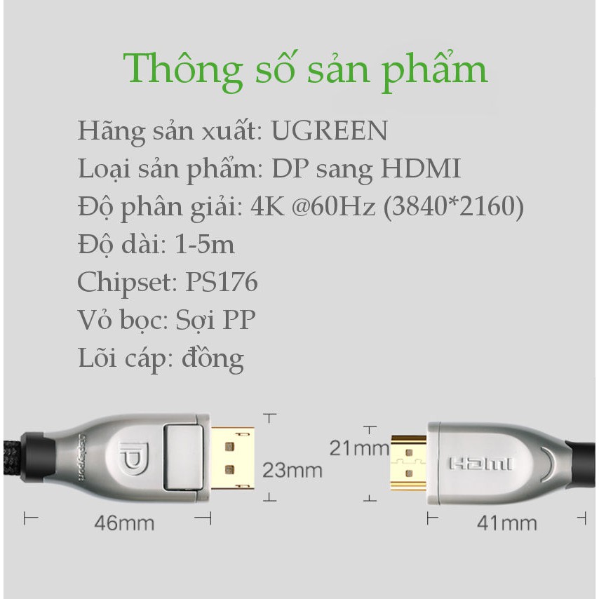 [Mã ELMALL300K giảm 5% đơn 500K] Cáp Chuyển Displayport 1.2 Sang HDMI 2.0 cao cấp, dài từ 1-5m UGREEN DP111