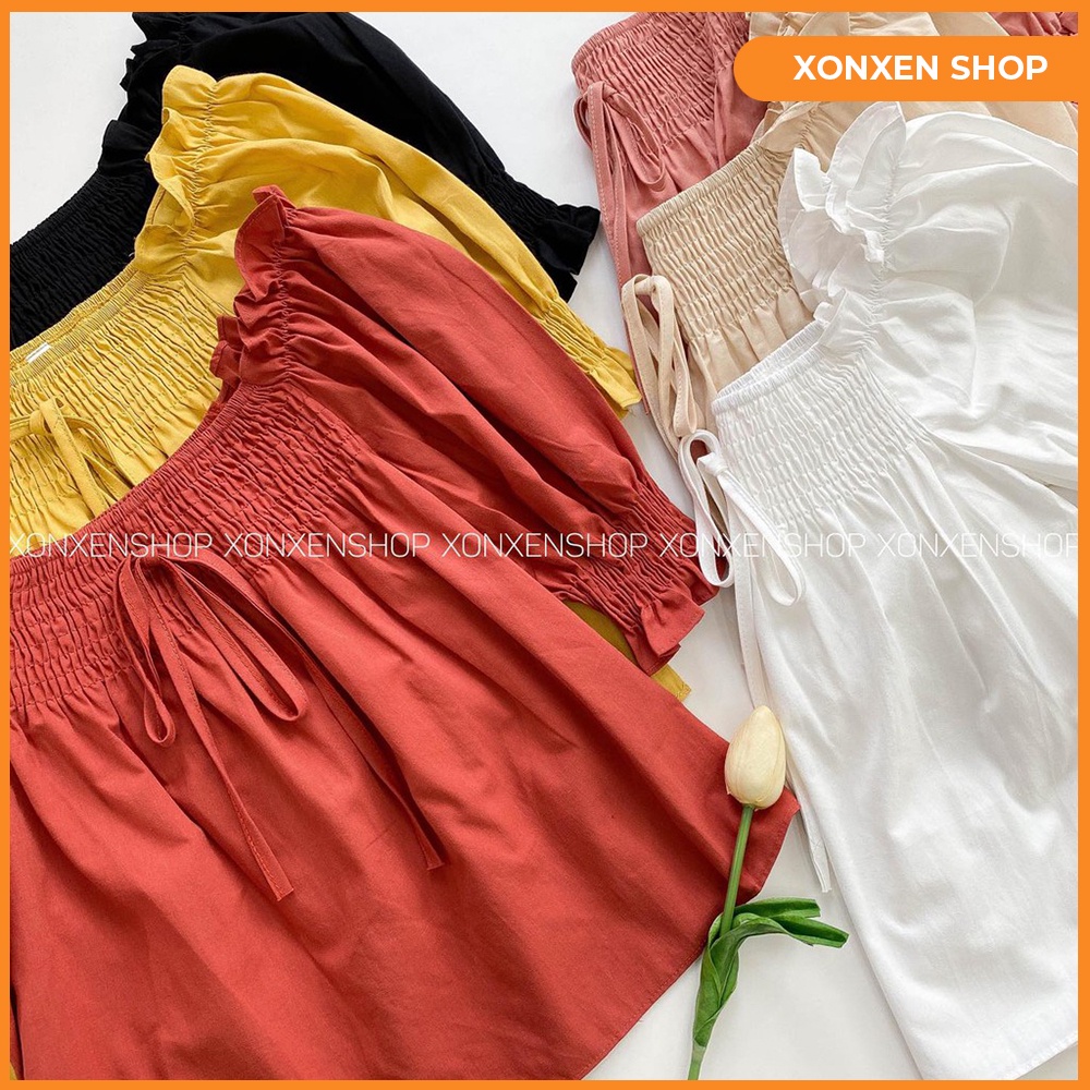 Áo kiểu nữ babydoll cộc tay trễ vai, chất vải mịn mát FREESIZE.