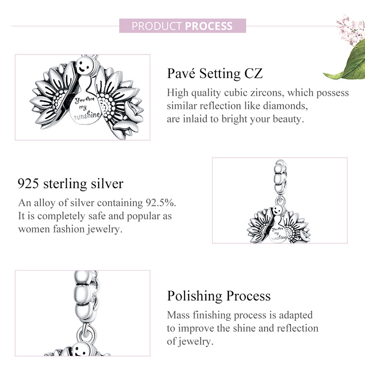 BAMOER Hạt Bạc 925 Hình Hoa Hướng Dương Mặt Cười Dùng Làm Vòng Tay SCC1661