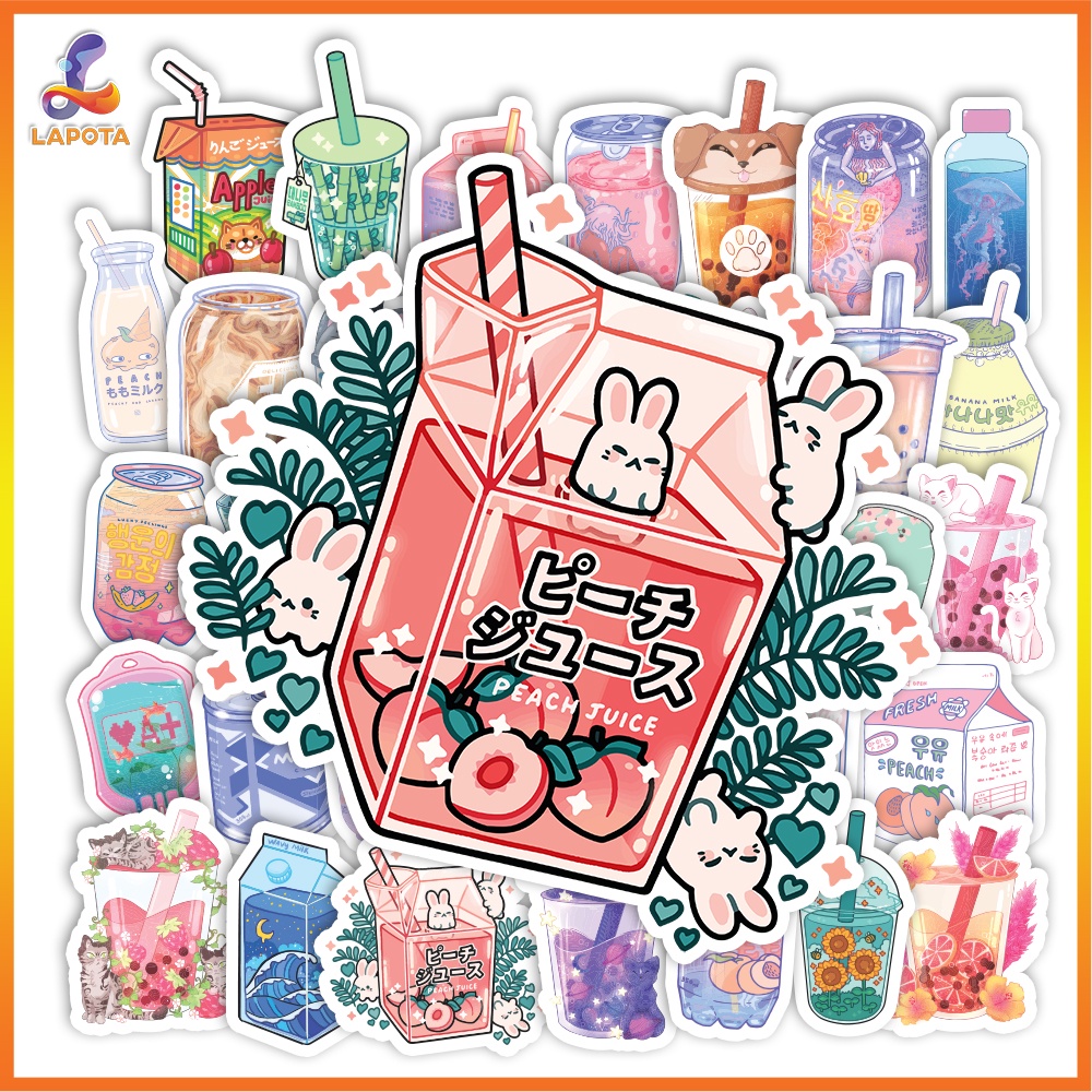 Set 50 cái Sticker Đồ Uống cute dán mũ bảo hiểm, hình dán các loại đồ uống chống nước, decal hình các loại nước uống
