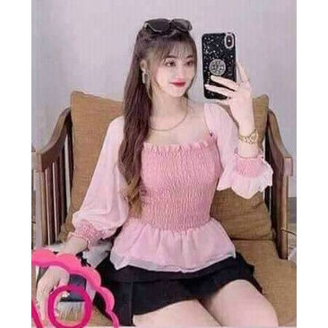 Áo Von Kiểu Mới Cổ Vuông Sâu Nhún Ngực Phối Hai Tay Dài Trong Suốt Cute TTSLA0685